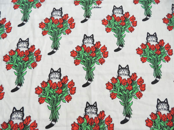 【クリバンキャット&バラの花束】Kliban Cat・ヴィンテージ・ユーズドシーツ(1/2) USA