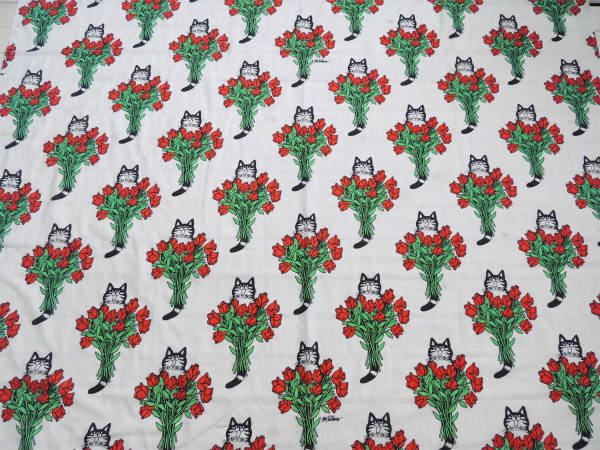 【クリバンキャット&バラの花束】Kliban Cat・ヴィンテージ・ユーズドシーツ(1/2) USA