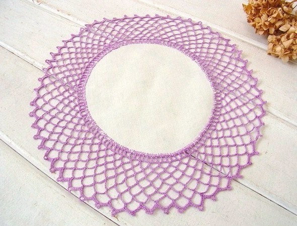 パープル 手編み クロシェレース デッドストック アンティーク ドイリー ハンドメイド USA