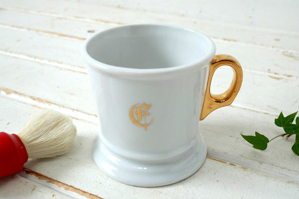 イニシャル&アニマル ゴールドハンドル セラミック製 ヴィンテージ シェービングカップ シェービングマグ