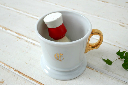 イニシャル&アニマル ゴールドハンドル セラミック製 ヴィンテージ シェービングカップ シェービングマグ