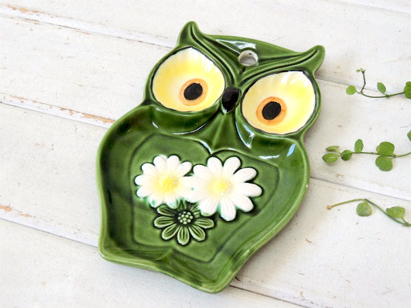 レトロポップ・花柄×ふくろう・セラミック製・ヴィンテージ・プレート カトラリーレスト ウォールデコ