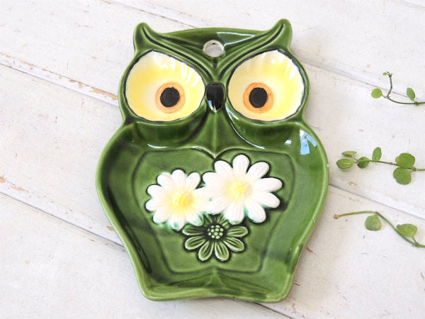 レトロポップ・花柄×ふくろう・セラミック製・ヴィンテージ・プレート カトラリーレスト ウォールデコ
