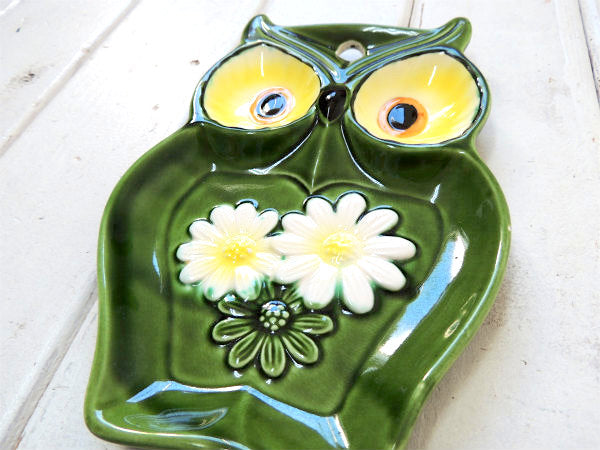 レトロポップ・花柄×ふくろう・セラミック製・ヴィンテージ・プレート カトラリーレスト ウォールデコ