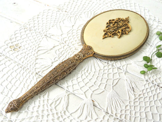 天使と薔薇モチーフ・ゴールド色・アンティーク・ハンドミラー/手鏡 USA