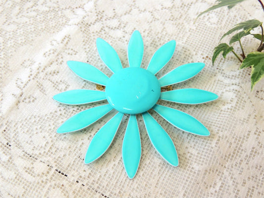 ターコイズブルー色・レトロ・花柄・ヴィンテージ・ブローチ/スカーフ留め/アクセサリー 1960~