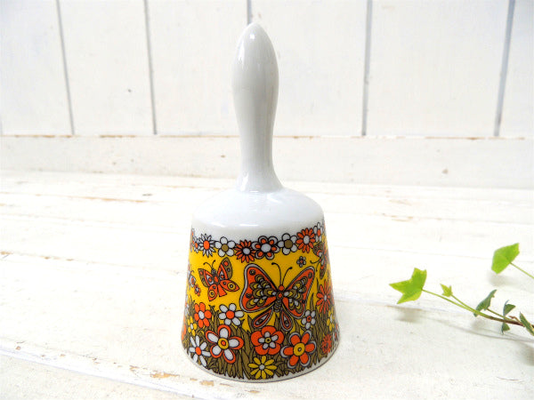 バタフライ&フラワー柄 イエロー・陶器製・デッドストック・ヴィンテージ・ベル・呼び鈴・ハンドベル