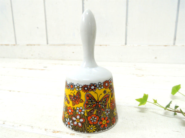 バタフライ&フラワー柄 イエロー・陶器製・デッドストック・ヴィンテージ・ベル・呼び鈴・ハンドベル