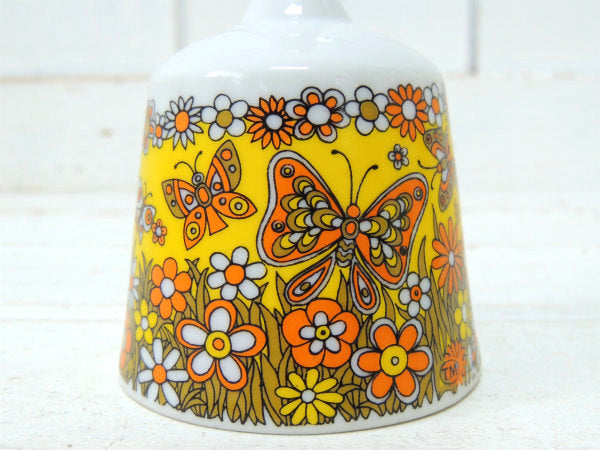 バタフライ&フラワー柄 イエロー・陶器製・デッドストック・ヴィンテージ・ベル・呼び鈴・ハンドベル