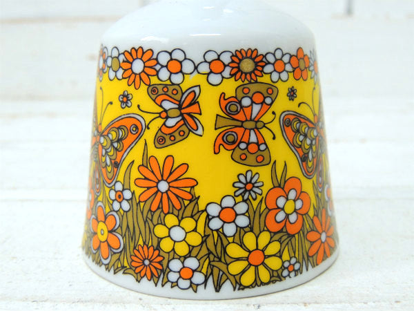 バタフライ&フラワー柄 イエロー・陶器製・デッドストック・ヴィンテージ・ベル・呼び鈴・ハンドベル