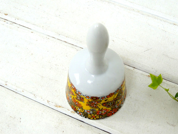 バタフライ&フラワー柄 イエロー・陶器製・デッドストック・ヴィンテージ・ベル・呼び鈴・ハンドベル