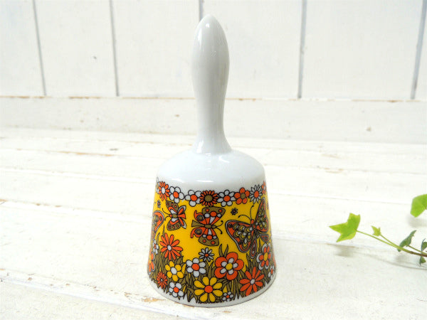 バタフライ&フラワー柄 イエロー・陶器製・デッドストック・ヴィンテージ・ベル・呼び鈴・ハンドベル