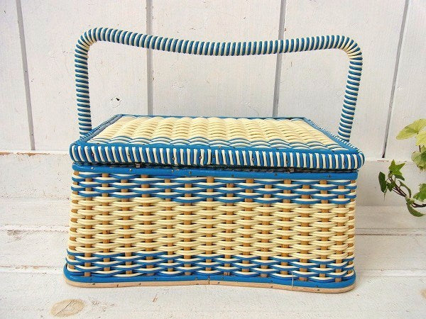 アメリカ製・!ブルー×アイボリー色のレトロなヴィンテージ・ソーイングボックス/裁縫箱/手芸用品