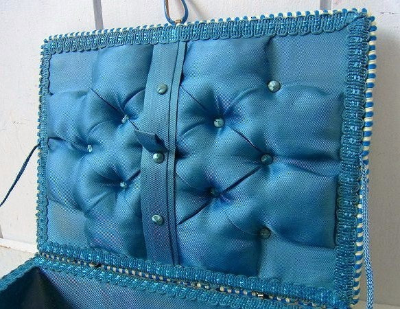 アメリカ製・!ブルー×アイボリー色のレトロなヴィンテージ・ソーイングボックス/裁縫箱/手芸用品