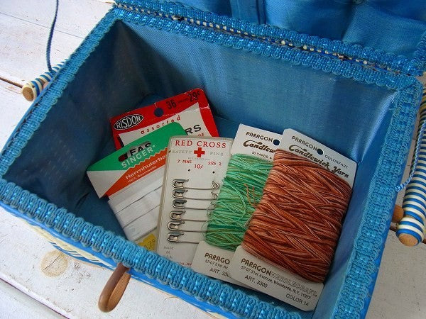 アメリカ製・!ブルー×アイボリー色のレトロなヴィンテージ・ソーイングボックス/裁縫箱/手芸用品