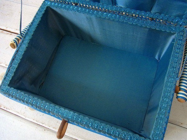 アメリカ製・!ブルー×アイボリー色のレトロなヴィンテージ・ソーイングボックス/裁縫箱/手芸用品