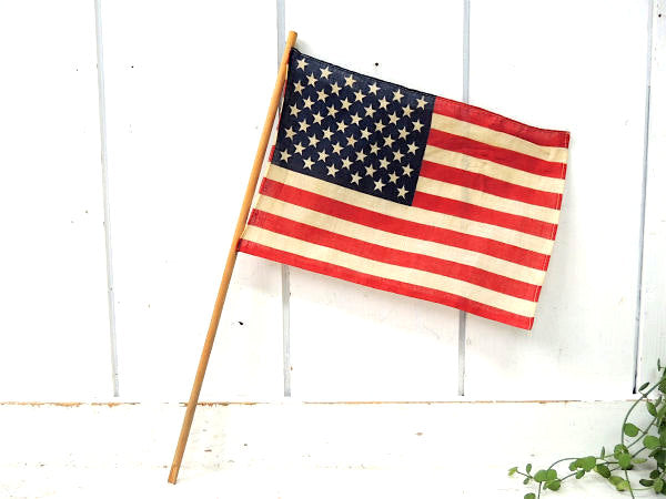 USA・アメリカンフラッグ・50州 星条旗・木製 ポール付き・ヴィンテージ・旗・アメリカ合衆国・看板