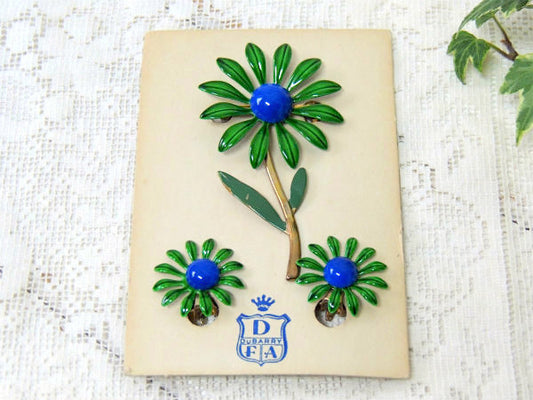 【DuBarry】緑×青・フラワーモチーフ・デッドストック・60'sビンテージ・ブローチ&イヤリング