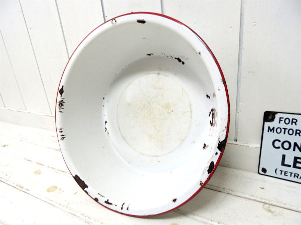 【ホワイト&レッド】シャビーなアンティーク・ホーロータブ・ウォッシュタブ・タライ・USA