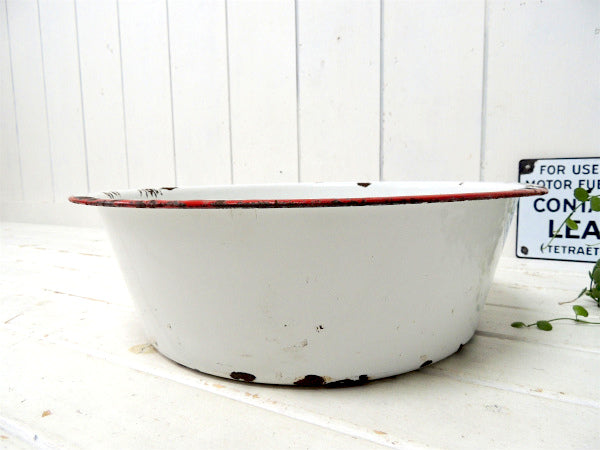 【ホワイト&レッド】シャビーなアンティーク・ホーロータブ・ウォッシュタブ・タライ・USA