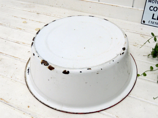 【ホワイト&レッド】シャビーなアンティーク・ホーロータブ・ウォッシュタブ・タライ・USA