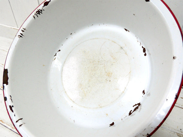 【ホワイト&レッド】シャビーなアンティーク・ホーロータブ・ウォッシュタブ・タライ・USA