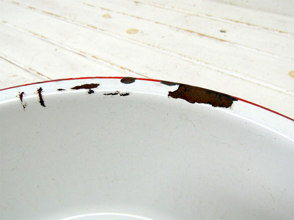 【ホワイト&レッド】シャビーなアンティーク・ホーロータブ・ウォッシュタブ・タライ・USA