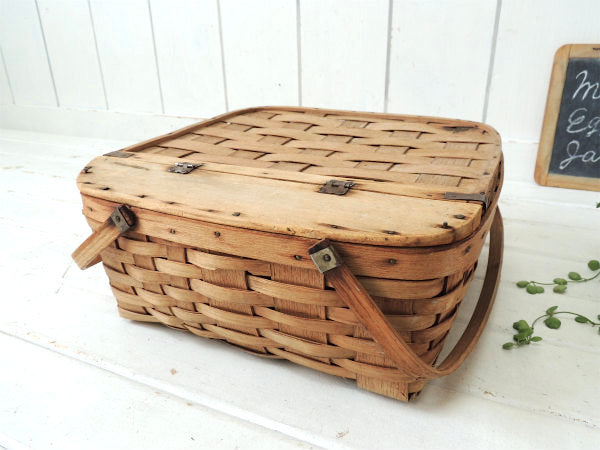 USA・木製・アンティーク・ピクニックバスケット/ウッドバスケット