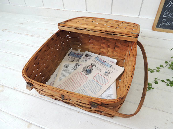 USA・木製・アンティーク・ピクニックバスケット/ウッドバスケット