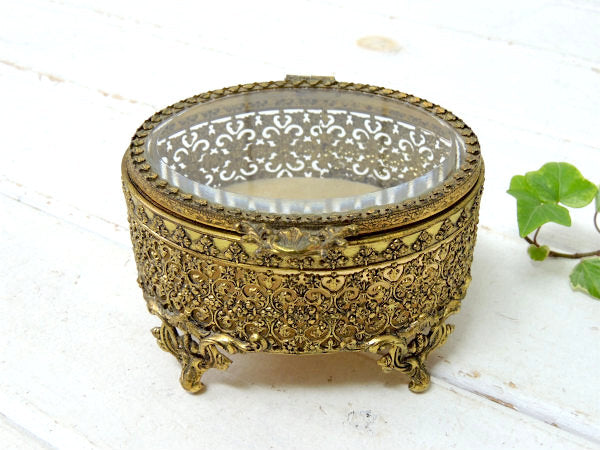 オーバル型・ベベルガラス製・脚付きアンティーク・ジュエリーボックス/宝石箱 USA