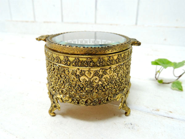 オーバル型・ベベルガラス製・脚付きアンティーク・ジュエリーボックス/宝石箱 USA