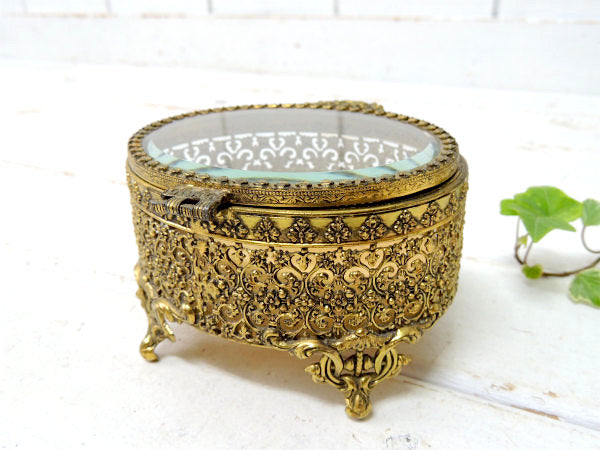 オーバル型・ベベルガラス製・脚付きアンティーク・ジュエリーボックス/宝石箱 USA