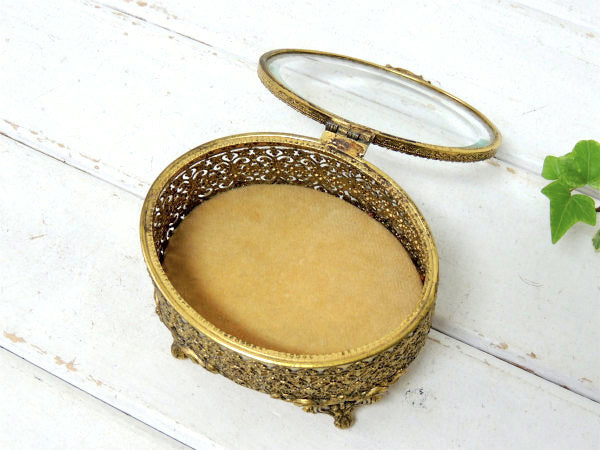 オーバル型・ベベルガラス製・脚付きアンティーク・ジュエリーボックス/宝石箱 USA