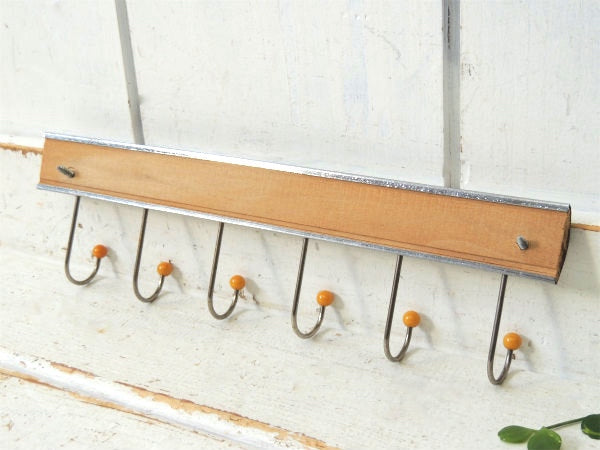 レトロデザイン・木製×メタル製・壁掛け式・ヴィンテージ・ウォールフック・壁掛けフック・6連フック
