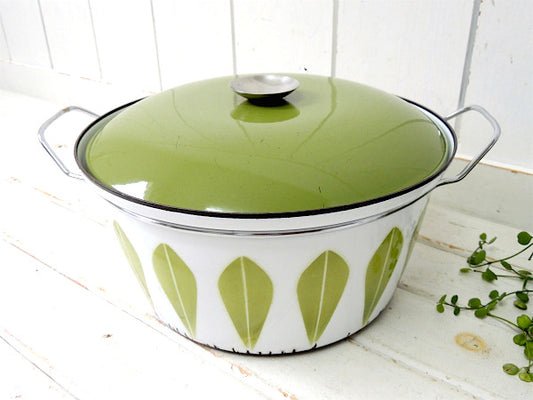 【キャサリンホルム】ロータス・ホワイト×グリーン・ホーロー製・ヴィンテージ・両手鍋32㎝/特大