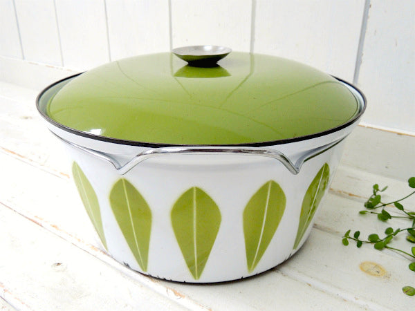 【キャサリンホルム】ロータス・ホワイト×グリーン・ホーロー製・ヴィンテージ・両手鍋32㎝/特大