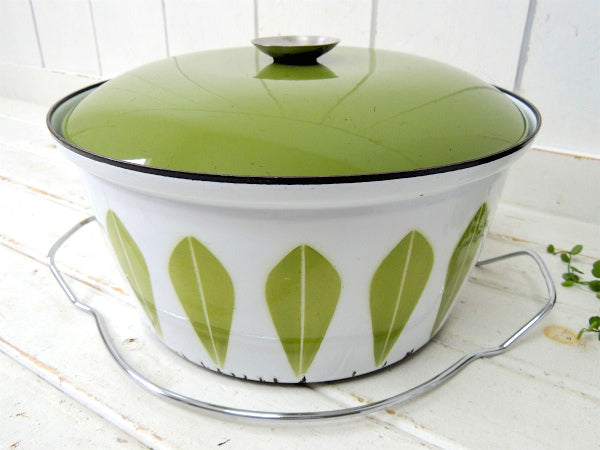 【キャサリンホルム】ロータス・ホワイト×グリーン・ホーロー製・ヴィンテージ・両手鍋32㎝/特大