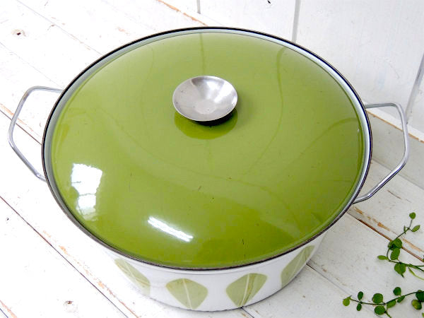 【キャサリンホルム】ロータス・ホワイト×グリーン・ホーロー製・ヴィンテージ・両手鍋32㎝/特大