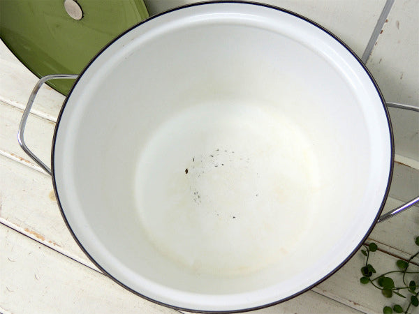 【キャサリンホルム】ロータス・ホワイト×グリーン・ホーロー製・ヴィンテージ・両手鍋32㎝/特大