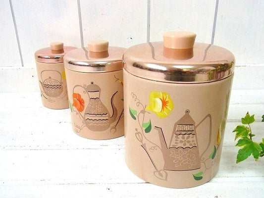 ランズバーグ社 ポット&フラワー柄・アンティーク・キャニスター3個セット・USA・キッチン雑貨