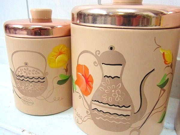 ランズバーグ社 ポット&フラワー柄・アンティーク・キャニスター3個セット・USA・キッチン雑貨