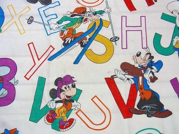 【ミッキー&フレンズ】アルファベット柄・ヴィンテージ・USEDフラットシーツ(1/2) USA