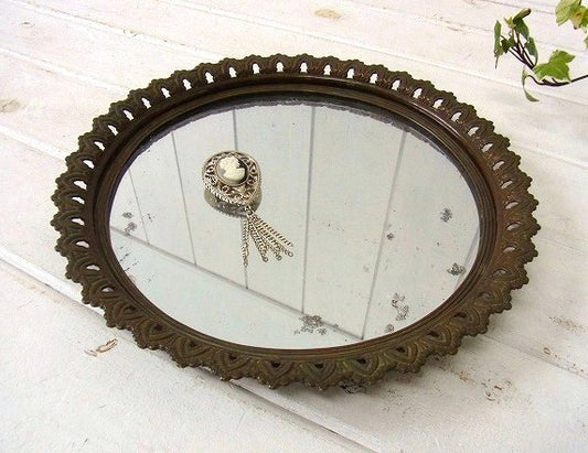 ラウンド型・真鍮製フラワーモチーフ・アンティーク・ミラートレイ/鏡 USA