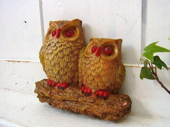 フクロウ親子・セラミック製・ヴィンテージ・壁飾り/ウォールデコ