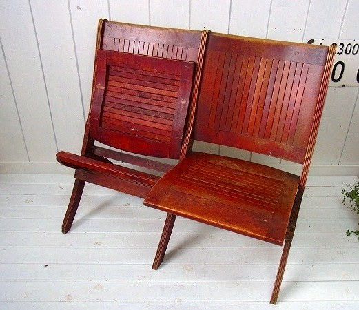 2人掛け・木製 アンティーク・ダブル ベンチ 折り畳み椅子 ラブチェア　USA