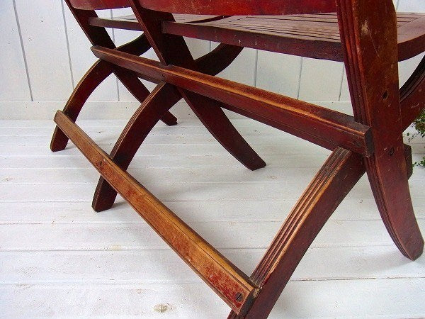 2人掛け・木製 アンティーク・ダブル ベンチ 折り畳み椅子 ラブチェア　USA