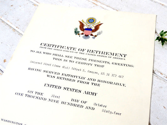 アメリカ軍・1960's・米軍実物・ARMY・印刷物・ヴィンテージ・ミリタリー・退職証明書