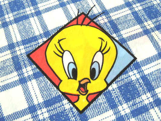 【ルーニーテューンズ】トゥイーティーetc・斜めチェック×パネル柄・ユーズドシーツ(フラットシーツ)