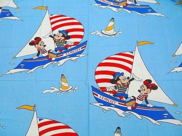 【ミッキー&ミニー】ヨット&マリン柄・ヴィンテージ・ユーズドシーツ(フラットタイプ) USA
