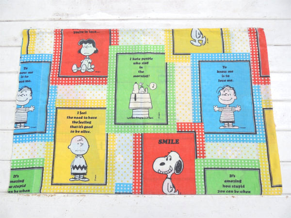 【スマイル・スヌーピー】ピーナッツの仲間・パネル柄・70'ヴィンテージ・USEDピロケース/枕カバー